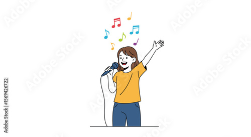 A young woman enthusiastically sings into a microphone with musical notes floating above her head