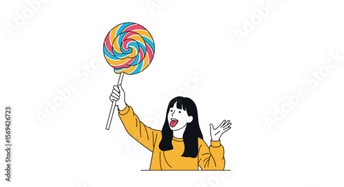 A joyful young woman enjoying a large colorful swirl lollipop