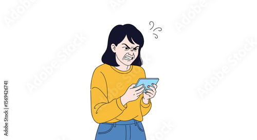 Frustrated woman stares intently at mobile phone screen with angry expression