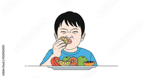 Child making a funny face while eating food on a plate