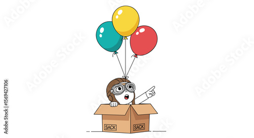 Cartoon character in a box with balloons pointing forward with excitement