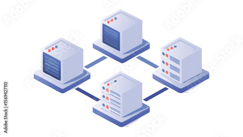 Isometric view of interconnected server racks with data processing and network connectivity shown