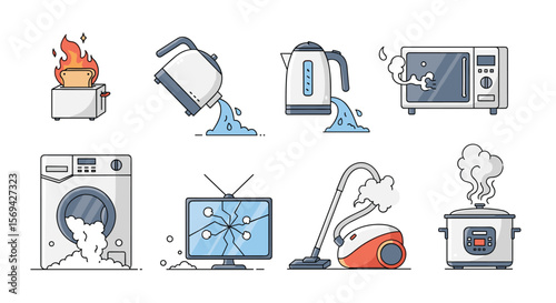 Malfunctioning household appliances displaying electrical and water damage problems with various kitchen and laundry room devices