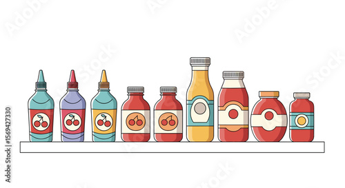 Collection of various glass jars and bottles filled with delicious foods and condiments
