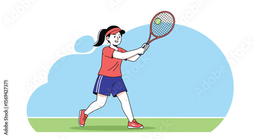 Young girl playing tennis hitting the ball with a racket on a court during the day
