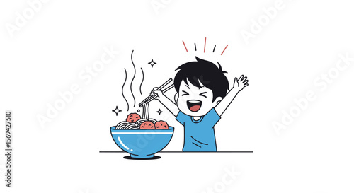 Boy enjoying a delicious bowl of hearty noodles and meatballs