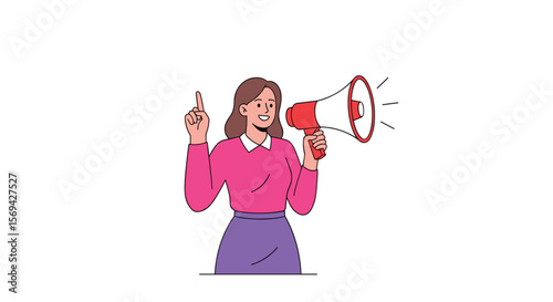Woman shouting through megaphone announcing important news or information to a crowd