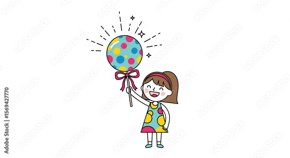 Joyful child celebrates holding a brightly colored balloon with a charming bow Joyful child celebrates holding a brightly colored balloon with a charming bow