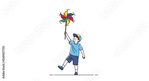 Joyful child holding colorful pinwheel outdoors on a sunny day celebrating summer fun