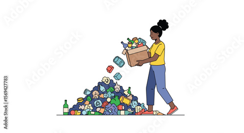 Woman disposing of trash and recyclables into a large pile reducing waste and promoting sustainability