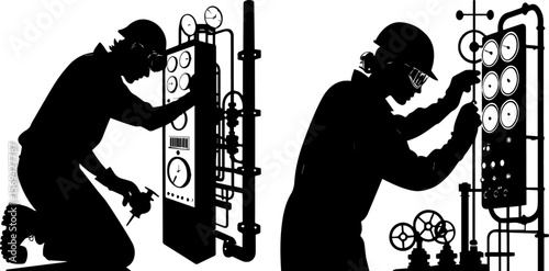 Industrial Technicians Monitoring Gauges Silhouette - Factory Maintenance