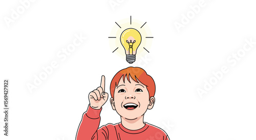 Young boy happily celebrates a bright new idea with a lightbulb glowing above his head