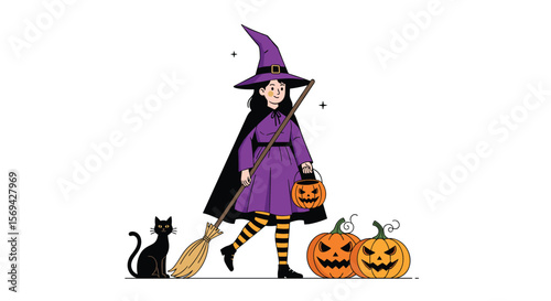 Spooky halloween witch with black cat and jack o lantern pumpkins gathering candy