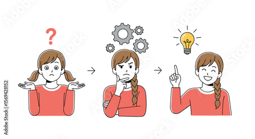 Young girl grappling with a problem and discovering a solution through thoughtful consideration