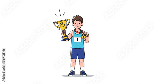 Young athlete celebrates victory holding trophy and gold medal in sporting event