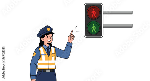 Police officer directs traffic with signal lights and pedestrian crossing indicators