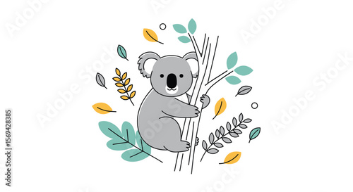 Cute koala bear clinging to a eucalyptus tree with falling leaves adorable wildlife illustration