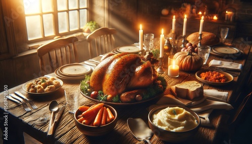 Rustic Holiday Feast with Roasted Turkey and Candlelight 8K Resolution