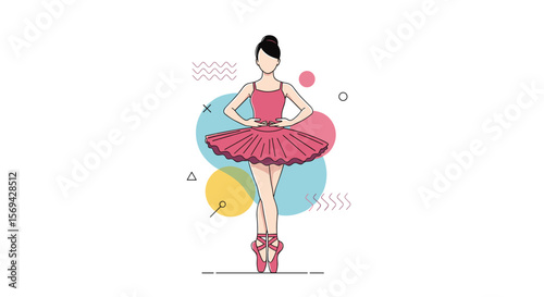 Elegant young ballerina performing a graceful dance in a pink tutu on pointe shoes with abstract shapes background