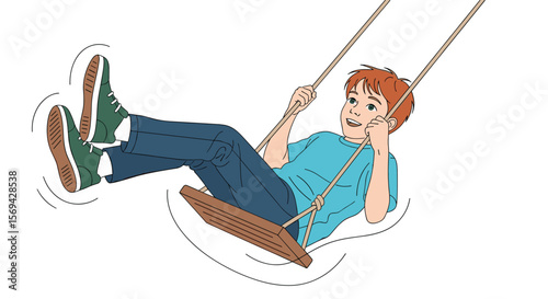 Young boy joyfully swinging high on a playground swing having outdoor fun and exercise