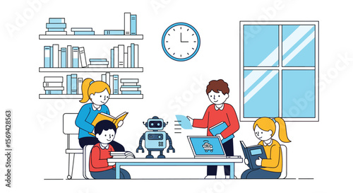 Children learning coding and robotics together in a bright classroom
