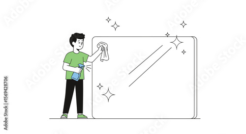 Person cleaning a large window with spray bottle and cloth showing sparkles