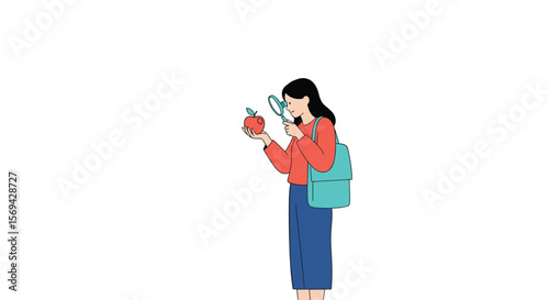 Curious woman inspects small object with magnifying glass learning and discovery concept animated illustration