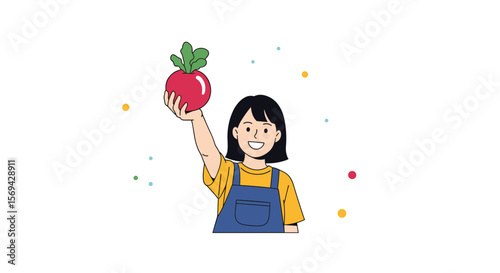 A happy girl holds up a fresh red radish with green leaves above her head