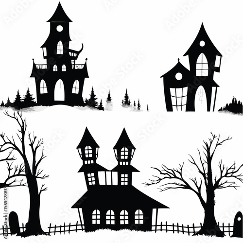 Haunted castle vector illustration with spooky night and medieval architecture