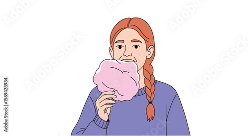 Young girl enjoying a sweet treat cotton candy delight at the fairgrounds