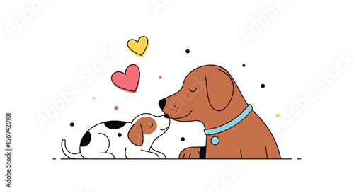 Two adorable dogs show affection with a sweet kiss and hearts floating above them