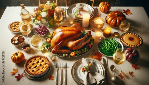 Elegant Thanksgiving Dinner Table with Roasted Turkey and Festive Decor 8K Resolution
