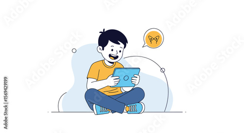 A young boy engages with a digital tablet in a playful manner