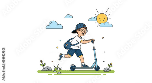 Young boy riding a scooter in sunny weather enjoying outdoor activity