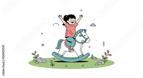 Joyful little girl riding a rocking horse in a grassy field with flowers