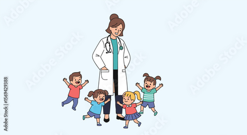 Friendly pediatrician with happy children excitedly jumping around her in clinic