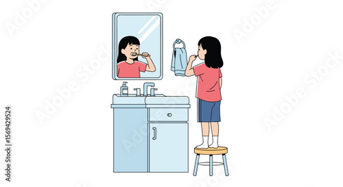 Girl brushing teeth in bathroom mirror morning routine hygiene daily activity