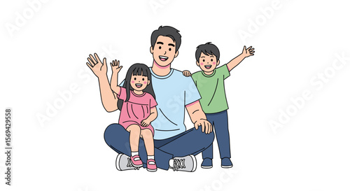 Happy father waving with his two children smiling joyfully family togetherness celebration