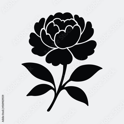 Silhouette peony flower illustration with leaves botanical design vector illustration