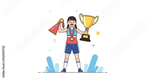 Champion athlete celebrates victory with trophy and medals a triumphant moment of success