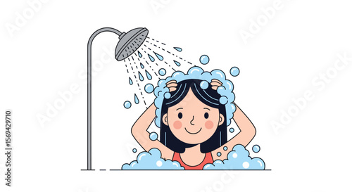 Woman washing her hair under shower water surrounded by bubbles enjoying a refreshing bath