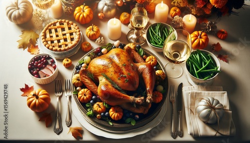 Elegant Thanksgiving Dinner Table with Roasted Turkey and Festive Decor 8K Resolution