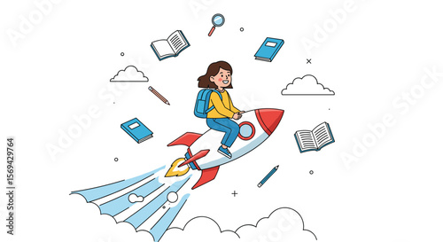 Young learner soars through education on a rocketship surrounded by flying books