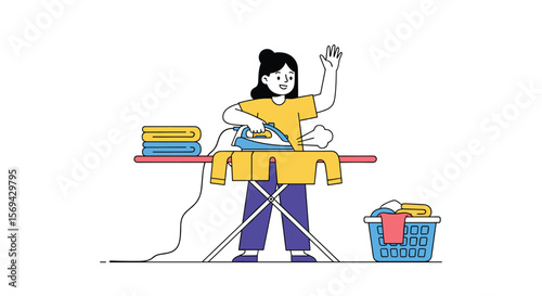 Young woman ironing clothes on an ironing board with a laundry basket
