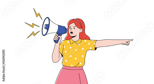 Woman holding megaphone making announcement and pointing forward