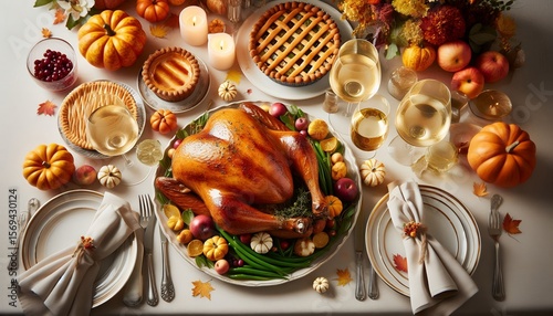 Elegant Thanksgiving Dinner Table with Roasted Turkey and Festive Decor 8K Resolution