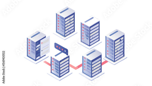 Isometric view of multiple server racks connected by red lines on a white background design illustration
