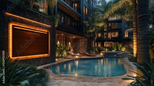 Serene Night at the Poolside: A luxurious pool and building. Surrounded by tropical flora under the warm night. Creating a soothing atmosphere