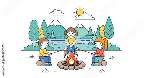 Children enjoy roasting marshmallows around a lively campfire in a picturesque nature scene under a bright sunny sky