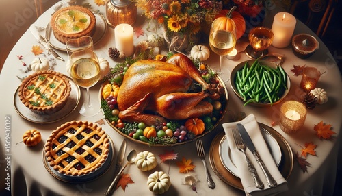 Elegant Thanksgiving Dinner Table with Roasted Turkey and Festive Decor 8K Resolution